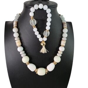 Chicos Chunky Necklace Mother of Pearl Gemstone Jewelry Set Coastal Boho Beachy